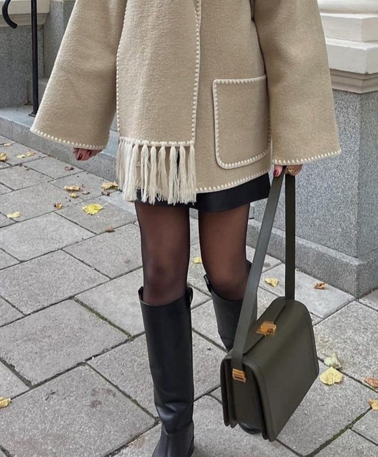 new autumn and winter fashionable woolen coat thickened loose jacket with scarf tassels for women