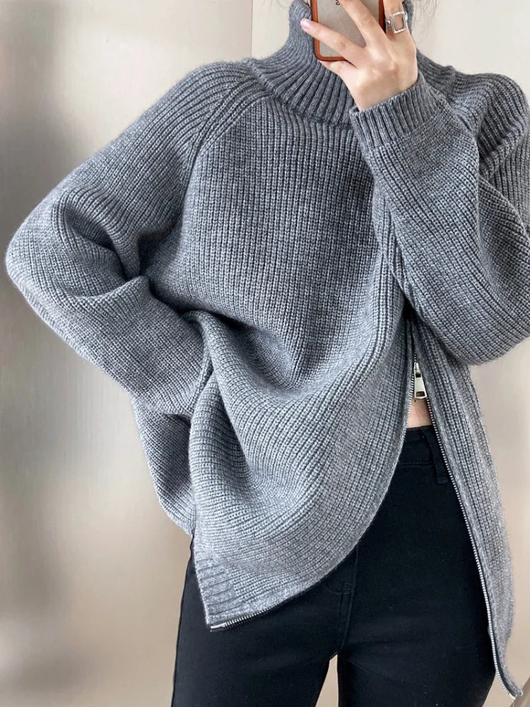 High-end niche side-zip lazy and loose mid-length sweater