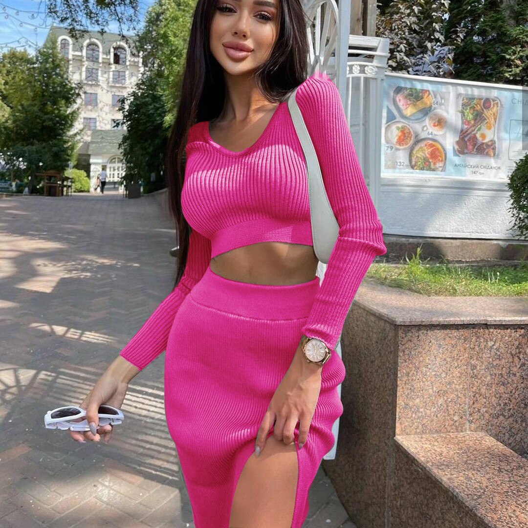 Long-sleeved U-neck slim, fashionable, casual and sexy slit long skirt two-piece set