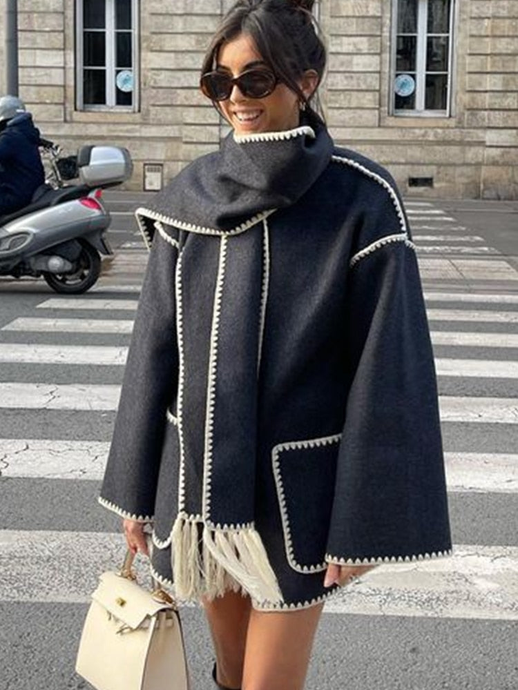 new autumn and winter fashionable woolen coat thickened loose jacket with scarf tassels for women