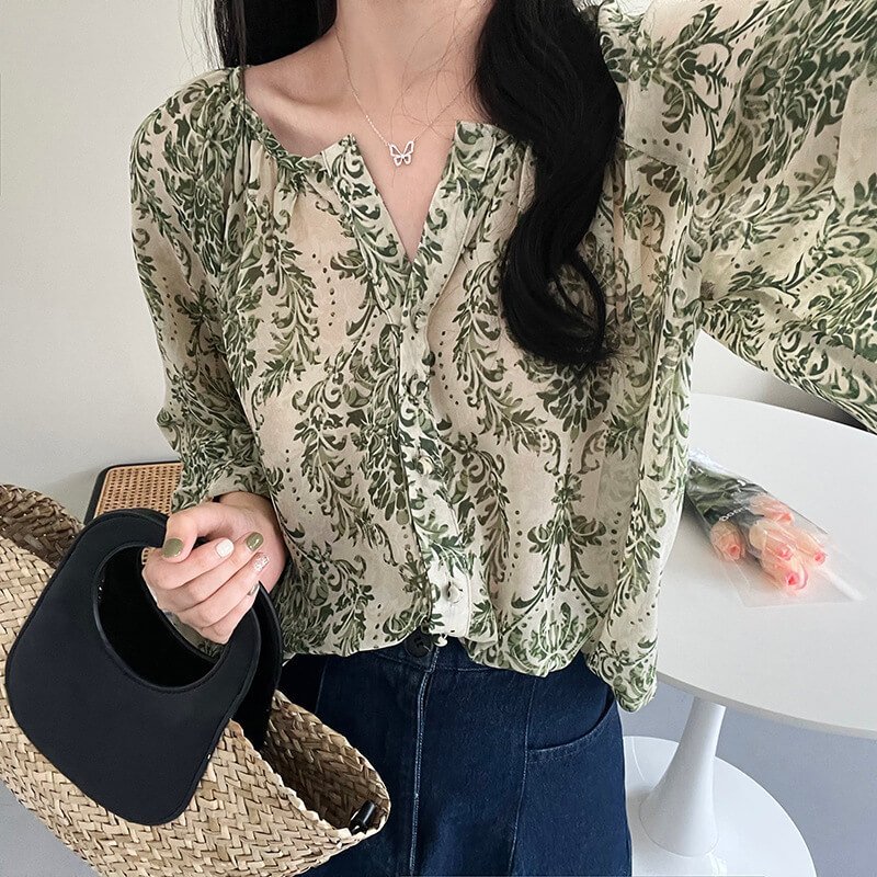 Women's Green Floral Balloon Sleeve Shirt