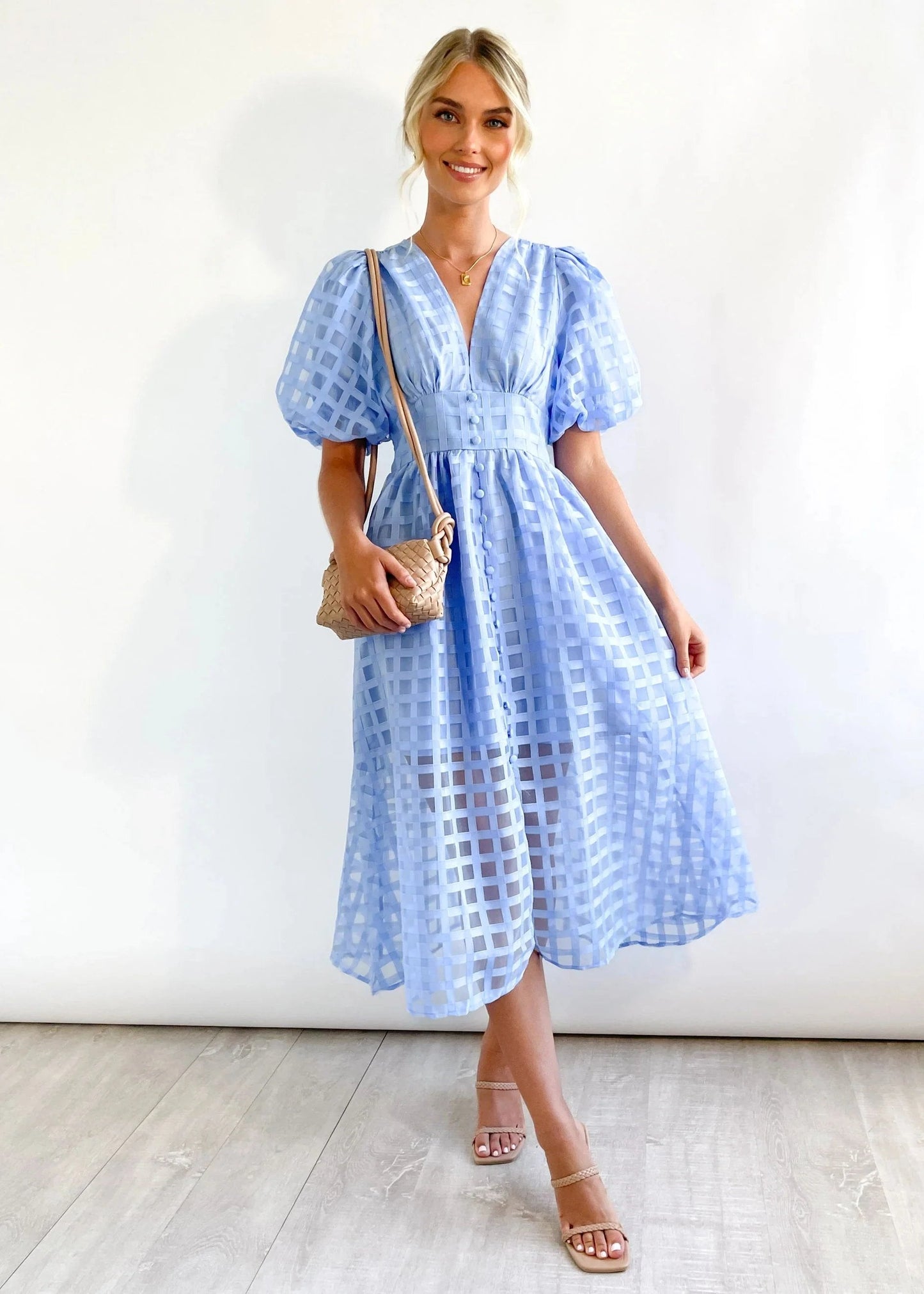 Time-limited promotion 49% OFF  Beauty Square Patterned Fabric Puff Sleeve Midi Dress