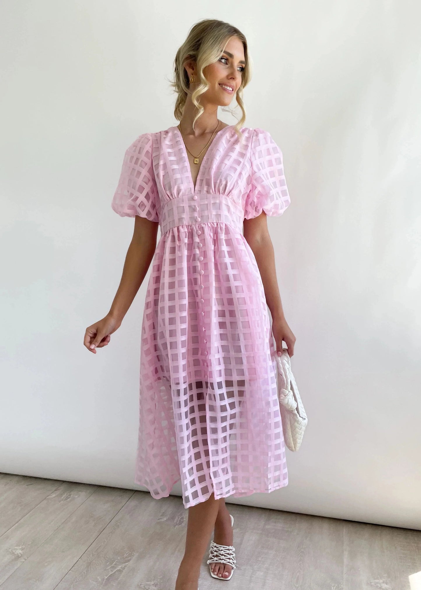 Time-limited promotion 49% OFF  Beauty Square Patterned Fabric Puff Sleeve Midi Dress