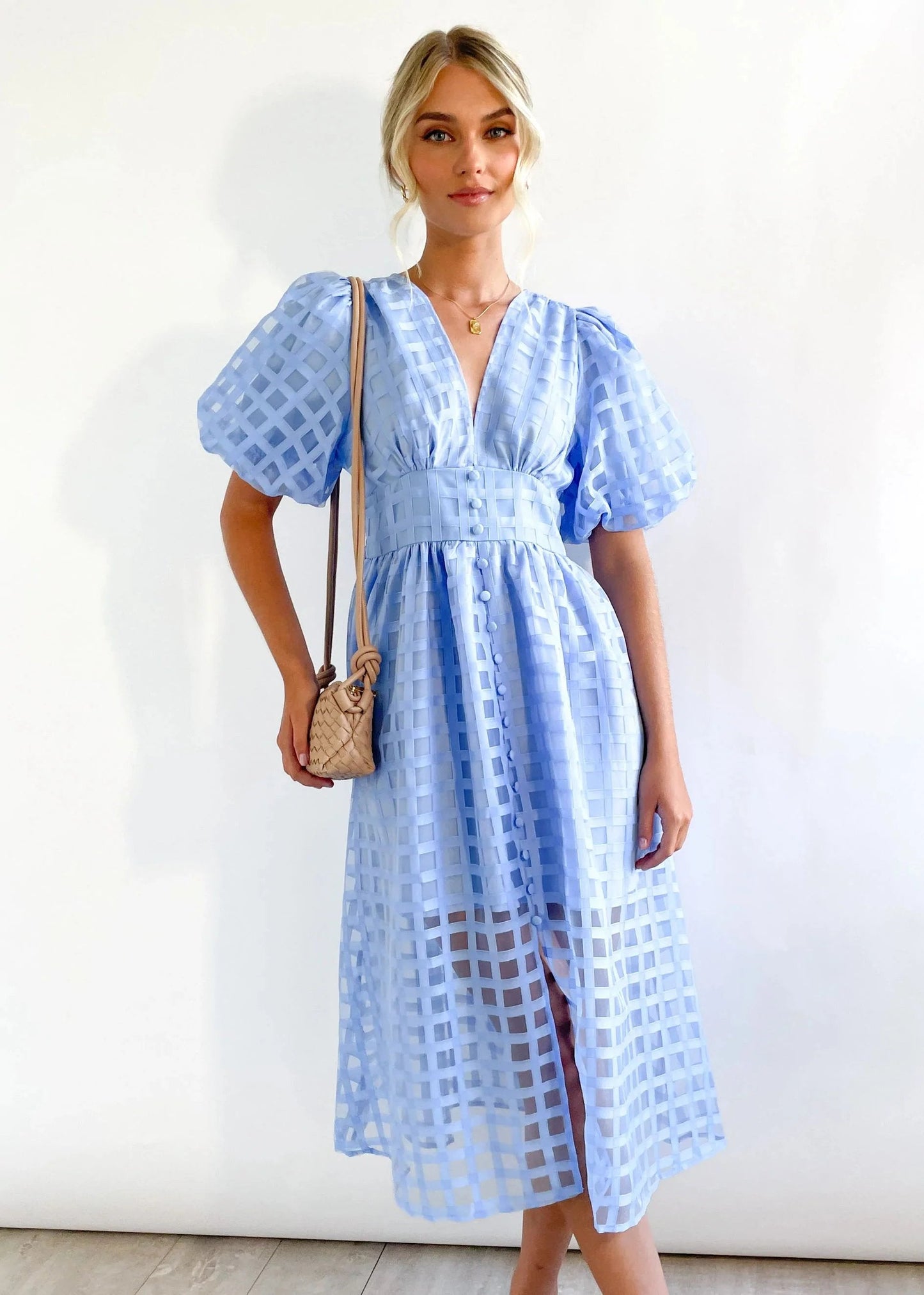 Time-limited promotion 49% OFF  Beauty Square Patterned Fabric Puff Sleeve Midi Dress