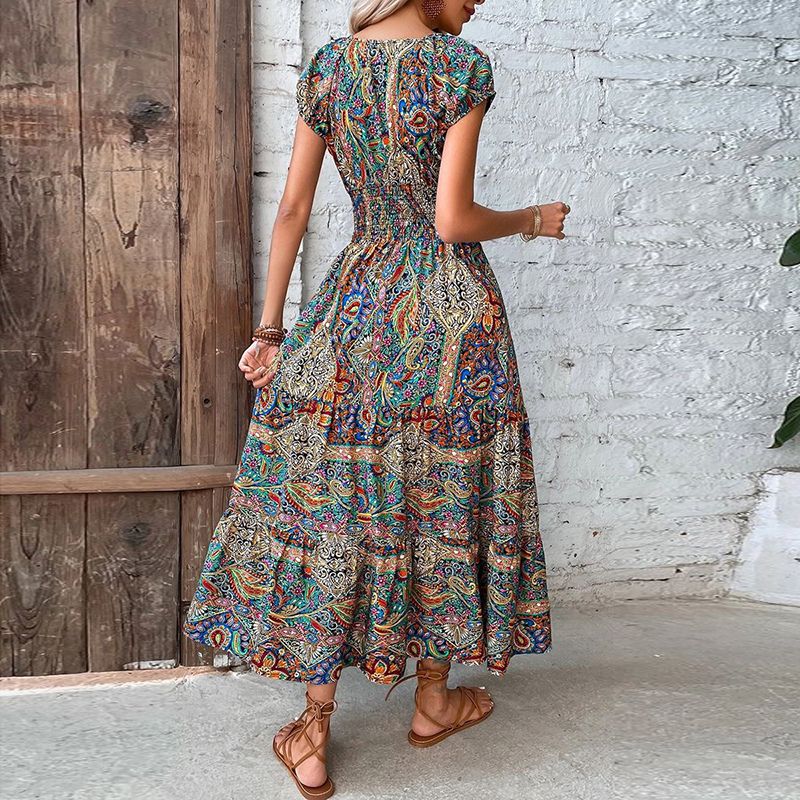 Waisted floral print full skirt dress