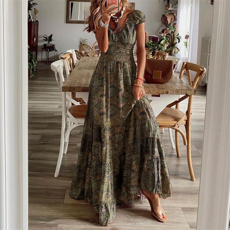 Waisted floral print full skirt dress