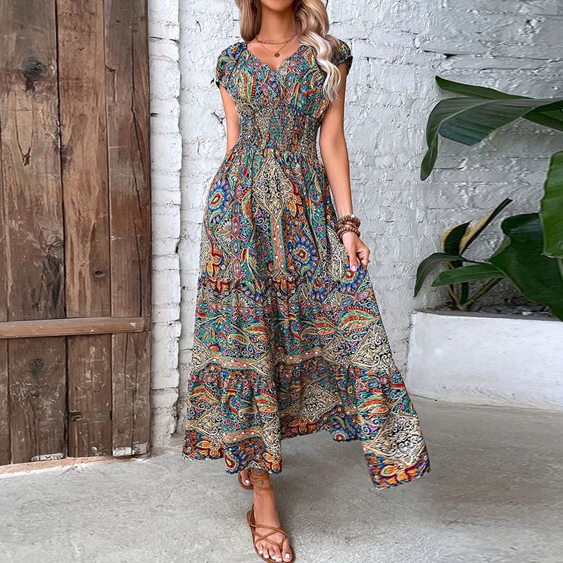 Waisted floral print full skirt dress