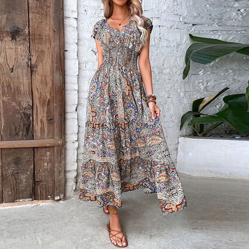 Waisted floral print full skirt dress