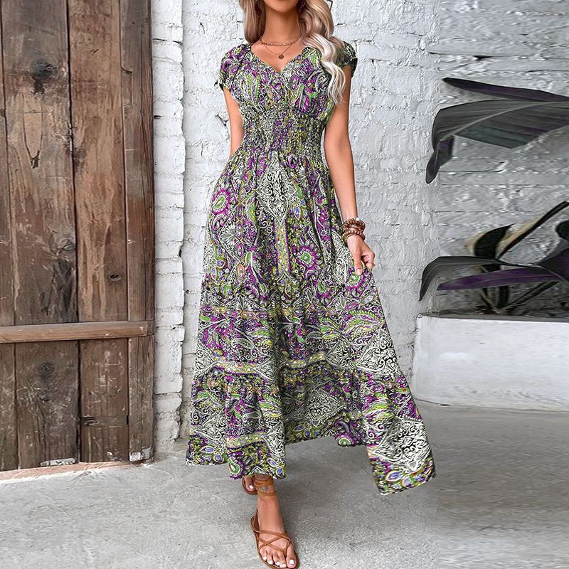 Waisted floral print full skirt dress