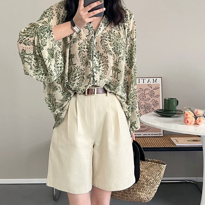 Women's Green Floral Balloon Sleeve Shirt