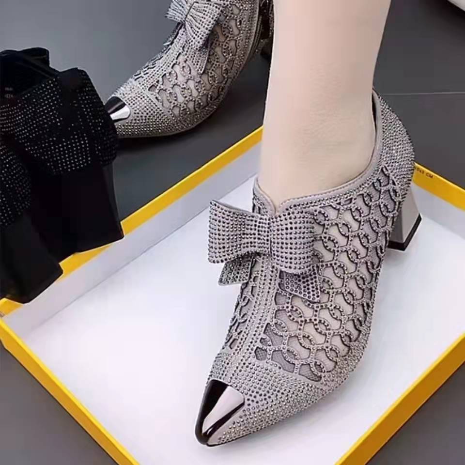 summer casual  Rhinestone hollow chunky heel shoes and new belt buckle solid color plus size women's sandals