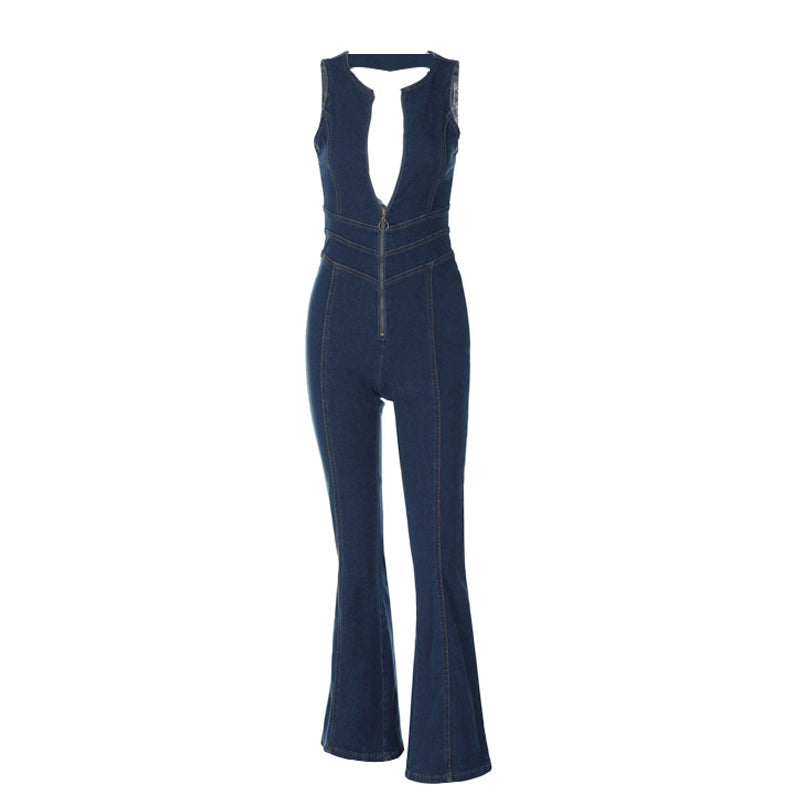 Women&#39;s backless sweetheart denim jumpsuit