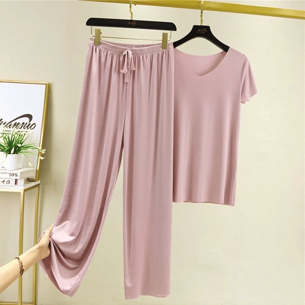 Soft Comfortable Ice Silk Short Sleeve T-Shirt Two Piece Set Loose Wide-leg Pants