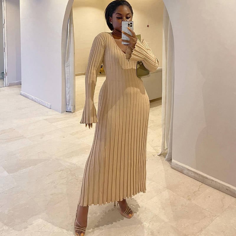 2023 Fall New Sleeved Knit Midi  High Elasticity Dress