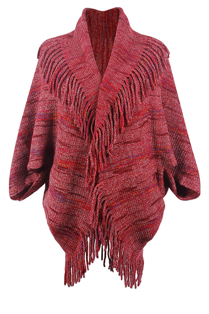 Color Striped Fringed Knit Shawl Sweater