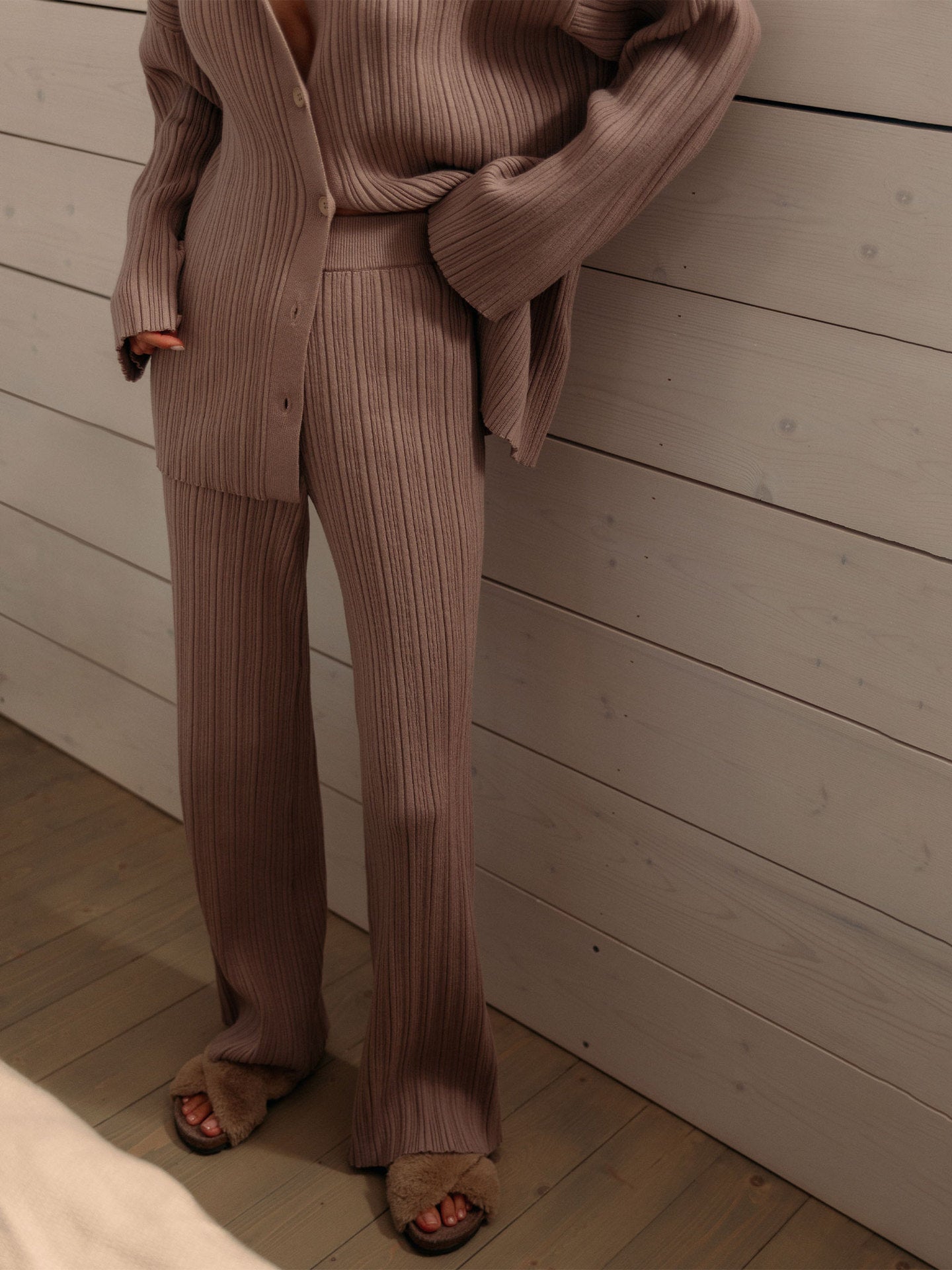 Autumn New Rib Strip Sweater Cardigan + Wide-leg Pants Two-piece Set