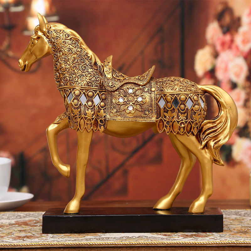 Luxury Diamond Horse Standing Statue, Golden Fortune Horse Statue Carved Resin Horse Sculpture Art Home Decor, Brass Horse Statue