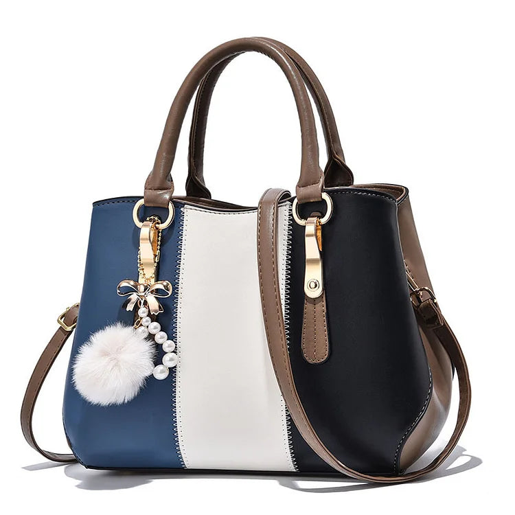 New Elegant Tri-color contrast wool ball Women's Handbag