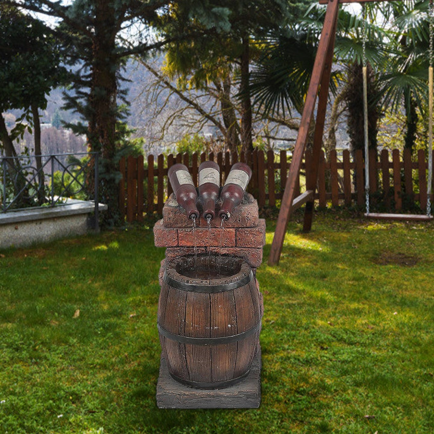 Resin Wine Bottle And Barrel Outdoor Water Fountain Sculpture Courtyard