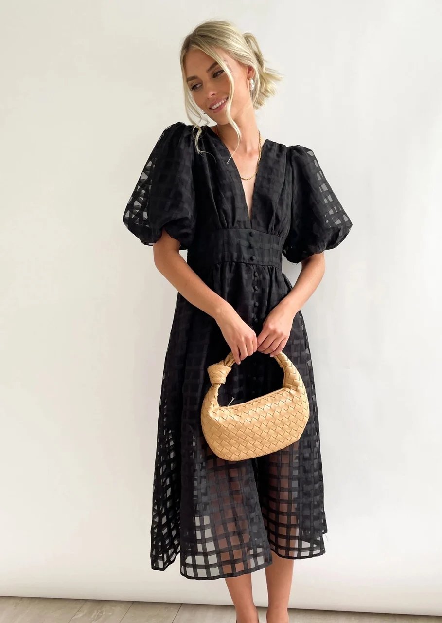 Time-limited promotion 49% OFF  Beauty Square Patterned Fabric Puff Sleeve Midi Dress