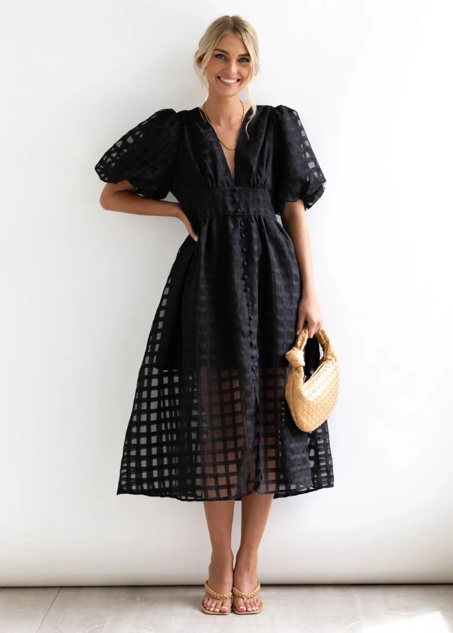 Time-limited promotion 49% OFF  Beauty Square Patterned Fabric Puff Sleeve Midi Dress