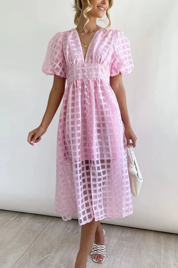 Time-limited promotion 49% OFF  Beauty Square Patterned Fabric Puff Sleeve Midi Dress