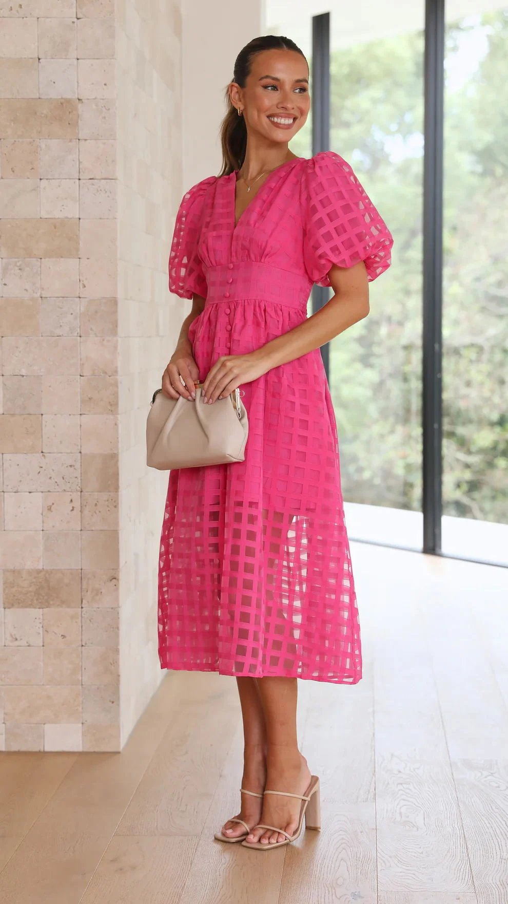 Time-limited promotion 49% OFF  Beauty Square Patterned Fabric Puff Sleeve Midi Dress