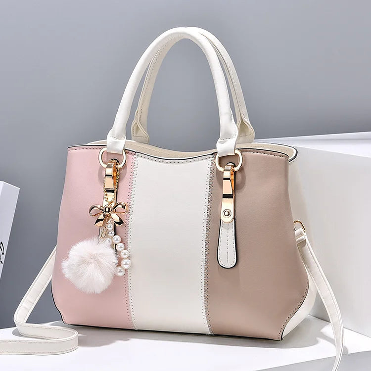 New Elegant Tri-color contrast wool ball Women's Handbag