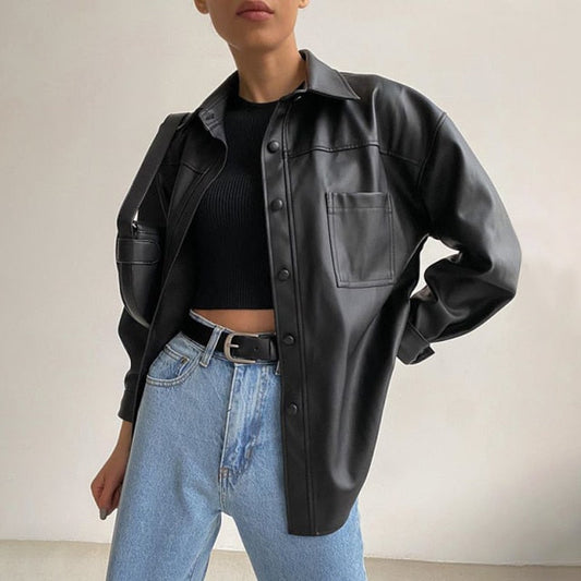 Women's Jacket PU Leather Retro Party Long Sleeve Jacket Fashion Button Lapel Casual Jacket Solid Color Work Jacket