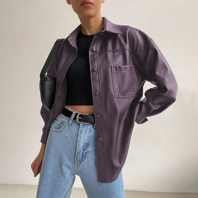 Women's Jacket PU Leather Retro Party Long Sleeve Jacket Fashion Button Lapel Casual Jacket Solid Color Work Jacket